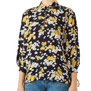 ByTimo The Butterfly Blouse Black White Floral Print Tie Sleeve Top Size Medium